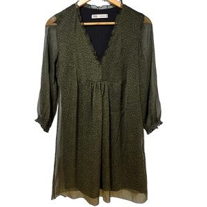 Zara Womens XS Olive Green Polka‎ Dot Ruffle V-Neck Sheer Mini Dress #511